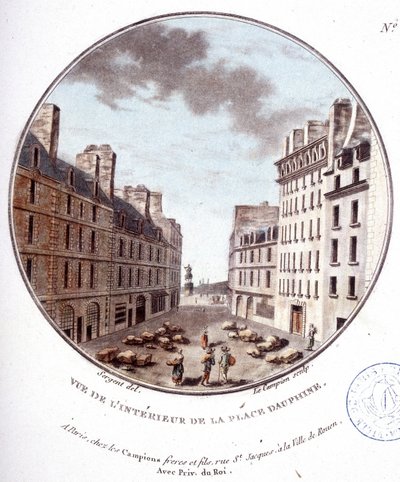 Interieurzicht van Place Dauphine, Parijs. In schilderachtige uitzichten van de belangrijkste gebouwen van Parijs door Sergeant door Antoine Louis Francois Sergent Marceau