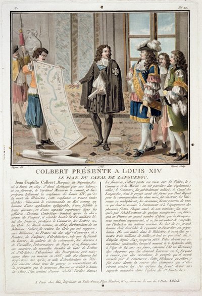 Jean Baptiste Colbert (1619-83) presenteert de kaart van het Canal du Languedoc aan Lodewijk XIV, gegraveerd door Jean Baptiste Morret, 1788 door Antoine Louis Francois Sergent Marceau