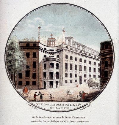 Gezicht op het huis van Monsieur de La Haye op de hoek van Rue Caumartin, Parijs, gebouwd volgens tekeningen van architect Aubert. In pittoreske uitzichten van de belangrijkste gebouwen van Parijs door Sergeant door Antoine Louis Francois Sergent Marceau