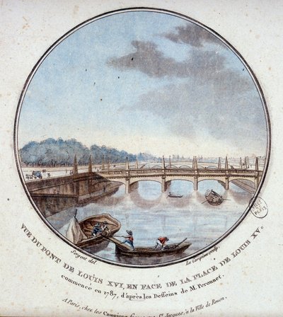 Uitzicht op de brug van Louis XVI, tegenover de plaats van Louis XV, begonnen in 1787 volgens de tekeningen van Mr. Peronnet. In pittoreske uitzichten van de belangrijkste gebouwen van Parijs door Sergeant door Antoine Louis Francois Sergent Marceau