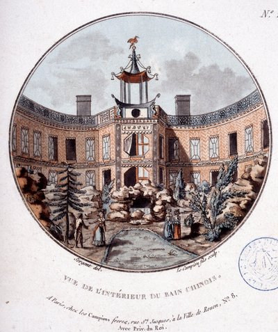 Uitzicht op het interieur van het Chinese bad, Parijs. In pittoreske uitzichten van de belangrijkste gebouwen van Parijs door Sergeant door Antoine Louis Francois Sergent Marceau