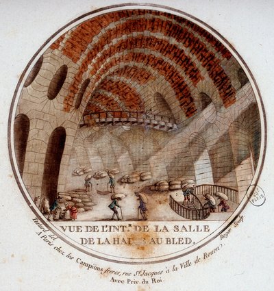 Zicht op het interieur van de nieuwe markthal gebouwd door Le Camus de Mézières tussen 1763 en 1766, tegenwoordig de beurs in Parijs. In pittoreske uitzichten van de belangrijkste gebouwen van Parijs door Sergeant door Antoine Louis Francois Sergent Marceau