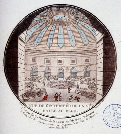Zicht op het interieur van de nieuwe markthal gebouwd door Le Camus de Mézières tussen 1763 en 1766, tegenwoordig de beurs in Parijs. In schilderachtige uitzichten van de belangrijkste gebouwen van Parijs door Sergeant door Antoine Louis Francois Sergent Marceau