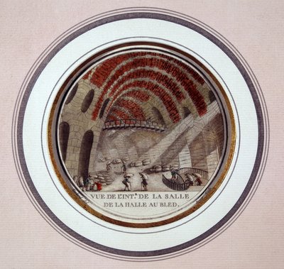 Uitzicht op het interieur van de nieuwe markthal gebouwd door Le Camus de Mézières tussen 1763 en 1766, tegenwoordig de beurs in Parijs. In pittoreske uitzichten van de belangrijkste gebouwen van Parijs door Sergeant door Antoine Louis Francois Sergent Marceau