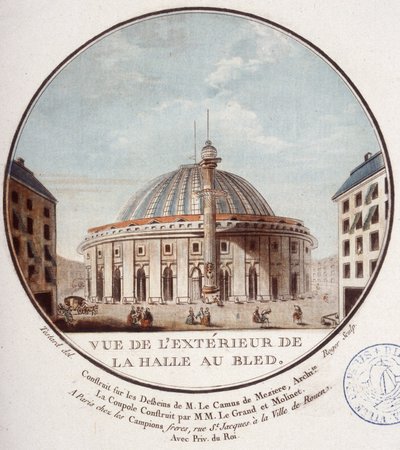 Zicht op de buitenkant van de graanmarkt, Parijs gebouwd door Le Camus de Mézières tussen 1763 en 1766, tegenwoordig de beurs in Parijs. In schilderachtige uitzichten van de belangrijkste gebouwen van Parijs door Sergeant door Antoine Louis Francois Sergent Marceau