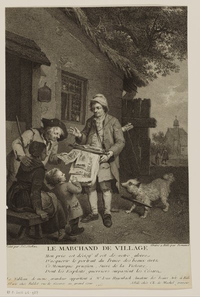 Rondreizende prentverkoper in een dorp door Antoine Louis Romanet
