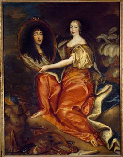 Portret van Henriette Anne van Engeland (1644-1670) hertogin van Orléans met het portret van Philippe Duc van Orléans (1640-1701) door Antoine Mathieu