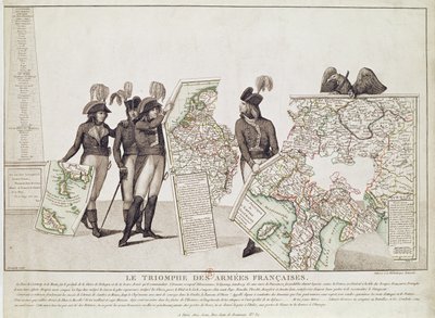De Triomf van de Franse Legers, Napoleon en zijn Generaals met Kaarten van hun Overwinningen ten tijde van de Vrede van Loeben, 18 april 1797 door Antoine Maxime Monsaldy