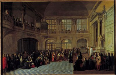 Koning Lodewijk XIV ontvangt de eed van de markies de Dangeau in de kapel van het kasteel van Versailles door Antoine Pezey