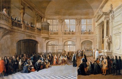 Lodewijk XIV ontvangt de eed van de Markies De Dangeau, Grootmeester van de Orde van Sint-Lazarus door Antoine Pezey