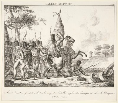 Menier (Huzaren) werpt zich alleen in de linie van een Engels bataljon, doodt de vaandrig en neemt de vlag (Druten, 1795) door Antoine Pierre Mongin
