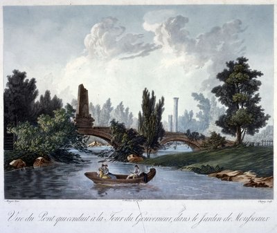 Brug naar de Tour du Gouverneur in het Parc Monceau, gegraveerd door Chapuy door Antoine Pierre after Mongin