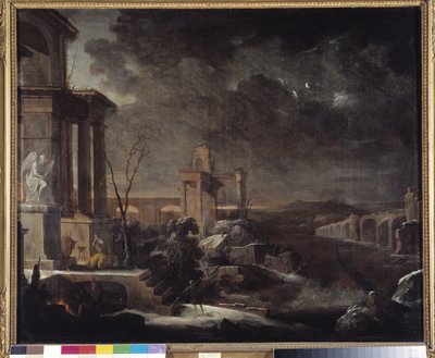Landschap van oude ruïnes bij zonsopgang door Antoine Pierre the Younger Patel