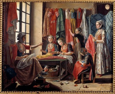 Een naaiatelier in Arles in 1760 door Antoine Raspal