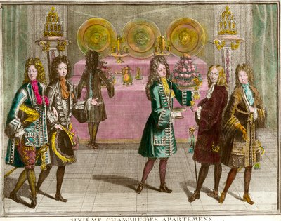 Buffetstandaards voor snacks in de zesde slaapkamer van de appartementen van de familie van Lodewijk XIV (1638-1715) tijdens de avonden van het appartement in Versailles rond 1696 door Antoine Trouvain