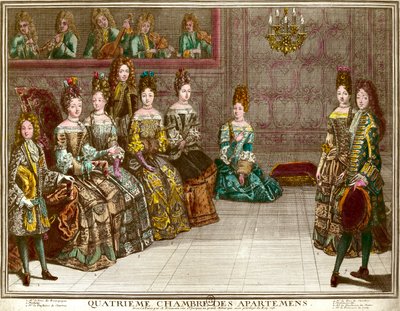 Dans in de vierde kamer van de appartementen van de familie van Lodewijk XIV (1638-1715) tijdens de avonden van het appartement in Versailles rond 1696: de hertog van Chartres danst de menuet met Mademoiselle in aanwezigheid van de hertogin van Maine, de h door Antoine Trouvain