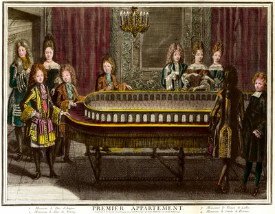 Philippe van Frankrijk, Hertog van Anjou, later Koning van Spanje (1683-1746), Charles, Hertog van Berry (1686-1714) en Prins van Wales die portiek spelen in het eerste appartement van Lodewijk XIV in Versailles - Gravure door Antoine Trouvain (1656-1708) door Antoine Trouvain
