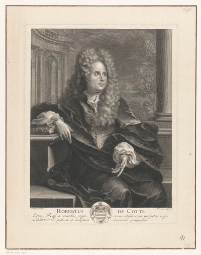 Portret van Robert de Cotte, leunend op een boek in klassieke architectuur door Antoine Trouvain