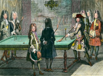 Koninklijk vermaak in Versailles, koning Lodewijk XIV speelt biljart met Philippe Duc d