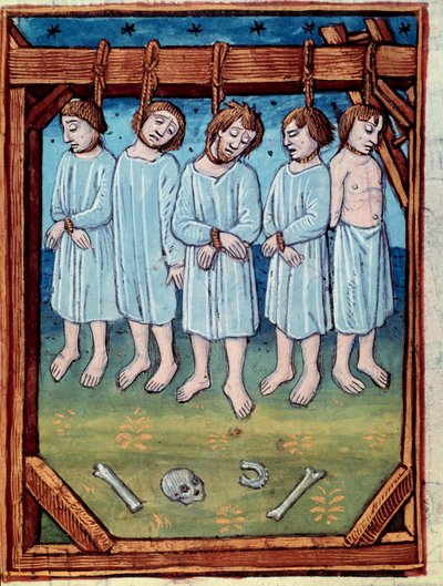 Vijf mannen opgehangen. Miniatuur in "chronicles de Saint Denis" Parijs, Antoine Verard door Antoine Verard