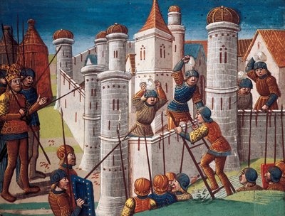 Belegering van een stad, miniatuur uit het manuscript "De roman van Ogier de Deen" door Antoine Verard