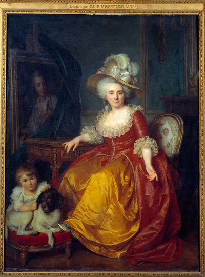 Portret van Madame Vestier met een kind aan haar voeten die een hond in het oor knijpt door Antoine Vestier
