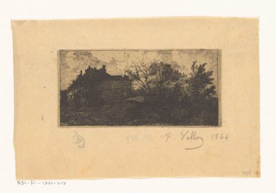 Landschap met huizen achter een hek en bomen op de voorgrond door Antoine Vollon (signed by artist)