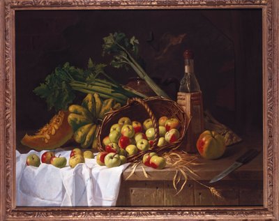Stilleven met een fles wijn, rabarber en een omgekeerd mandje met appels op een tafel door Antoine Vollon