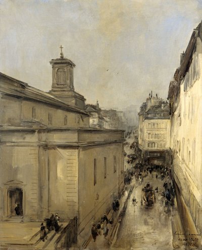Gezicht op de kerk van Notre Dame de Lorette en de Rue Fléchier, Parijs door Antoine Vollon