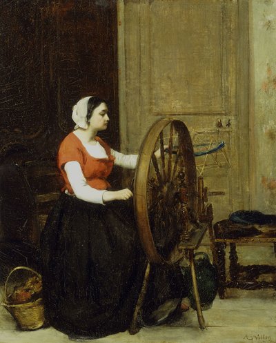 Vrouw en spinnewiel, c.1860? door Antoine Vollon