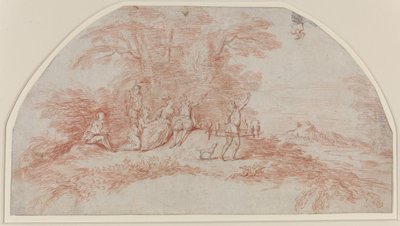 Een Fête Galante met valkeniers door Antoine Watteau