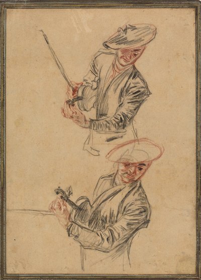 Twee studies van een violist die zijn instrument stemt door Antoine Watteau