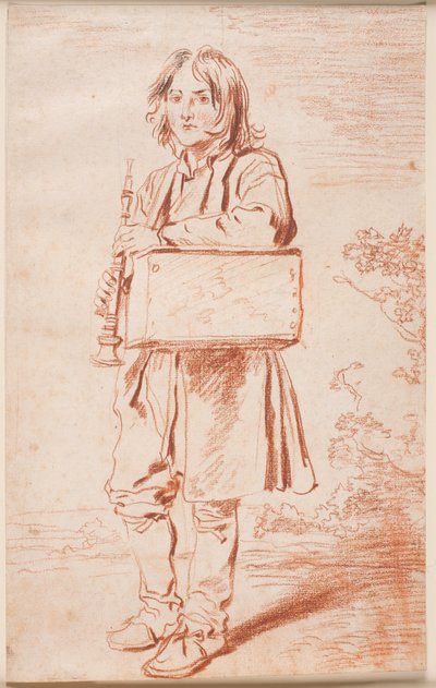 Jonge Savoyaard. Volledig figuur van voren, staand, met een doos met een marmot over de schouder, een fluit in de handen door Antoine Watteau