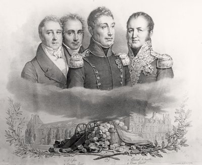 De Voorlopige Regering van 29 juli 1830. V.l.n.r.: Jacques Lafitte (1767-1844), Casimir Perier (1777-1832), generaal Lafayette (1757-1834) en graaf Etienne Maurice Gerard (1773-1852), 1831 door Antoine Maurin
