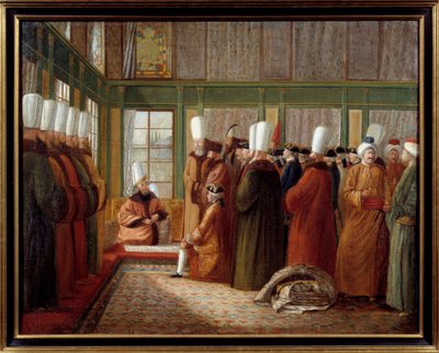 Ottomaanse Rijk: ontvangst door de Grootvizier van een Franse ambassadeur in dienst van koning Lodewijk XVI in Turkije door Antoine de Favray