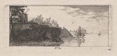 Huisje op een rotsachtige kaap langs een rivier door Antoine de Marcenay de Ghuy