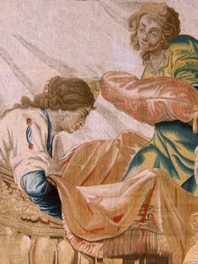 Vlaamse wandtapijt. Serie Verhaal van Theseus. Bacchus neemt Ariadne als zijn vrouw. Negende wandtapijt in de serie. Model Anthonis Sallaert. Fabriek Jan Raes de Jongere, Brussel. Ca 1630. door Antoine or Anthonis Sallaert
