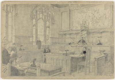 Studie van de gehele compositie voor het (onvoltooide) schilderij van de Nederlandse rechtbank in London, juni 1942 door Anton Abraham van Anrooy