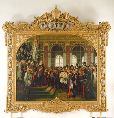 De proclamatie van Wilhelm als keizer van het nieuwe Duitse Rijk, in de Spiegelzaal van Versailles op 18 januari 1871, geschilderd in 1885 door Anton Alexander von Werner