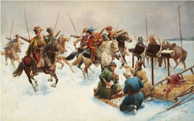 Winterlandschap met Kozakken door Anton Baumgartner Stoiloff