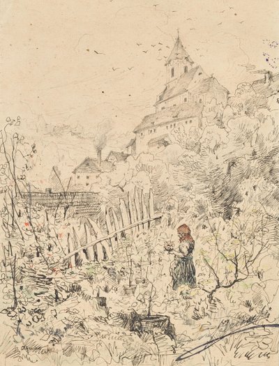 Boerenmeisje in tuin, achter haar kerk en dorp door Anton Brioschi