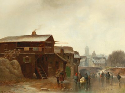 Winteramusement met een stad op de achtergrond door Anton Doll