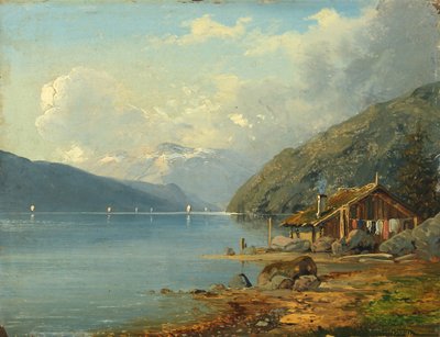 Deens:  Lille hytte ved en søbred i Tyskland Een kleine hut aan een meer in Duitsland door Anton Eduard Kieldrup