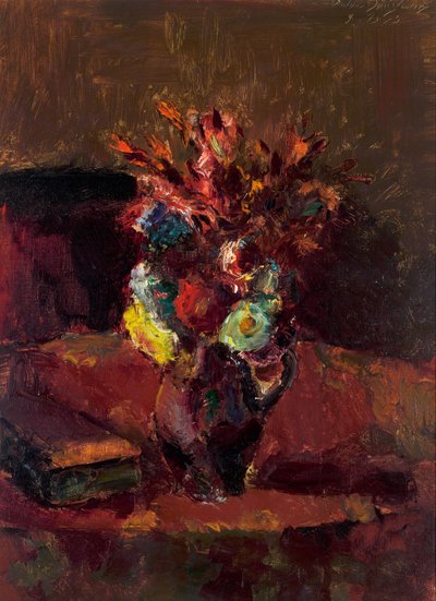 Boeket bloemen met rood tafelkleed door Anton Faistauer