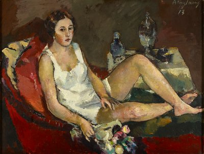 Jonge vrouw op rode sofa door Anton Faistauer