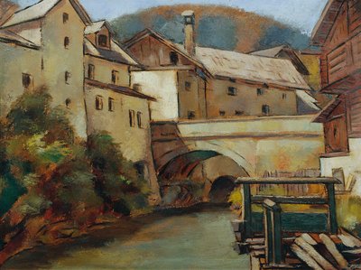 Gezicht op een stad met rivier en brug door Anton Hula