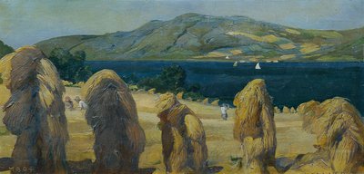 Attersee landschap met graanstapels door Anton Josef von Kenner