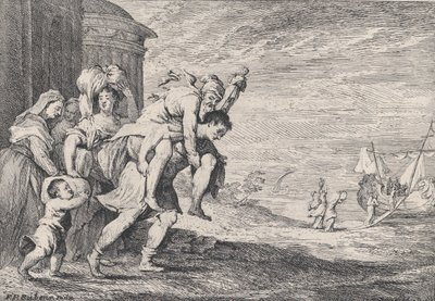 Aeneas vlucht uit Troje, met een groep van zes figuren die de stad verlaten, Aeneas draagt... door Anton Joseph von Prenner
