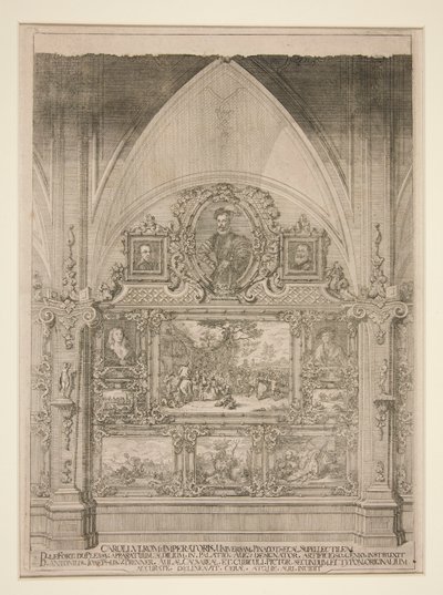 Interieur met gebogen nis versierd met portretten en genrescènes door Anton Joseph von Prenner
