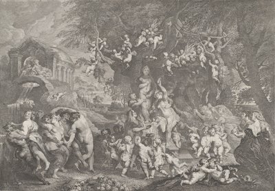 Het feest van Venus, met groepen saters, nimfen en putti die rond een standbeeld van Venus dansen, 1732 door Anton Joseph von Prenner